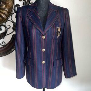 Ralph Lauren Women’s 100% Wool Navy Blue Burgundy Striped Crest Blazer 8 Petite